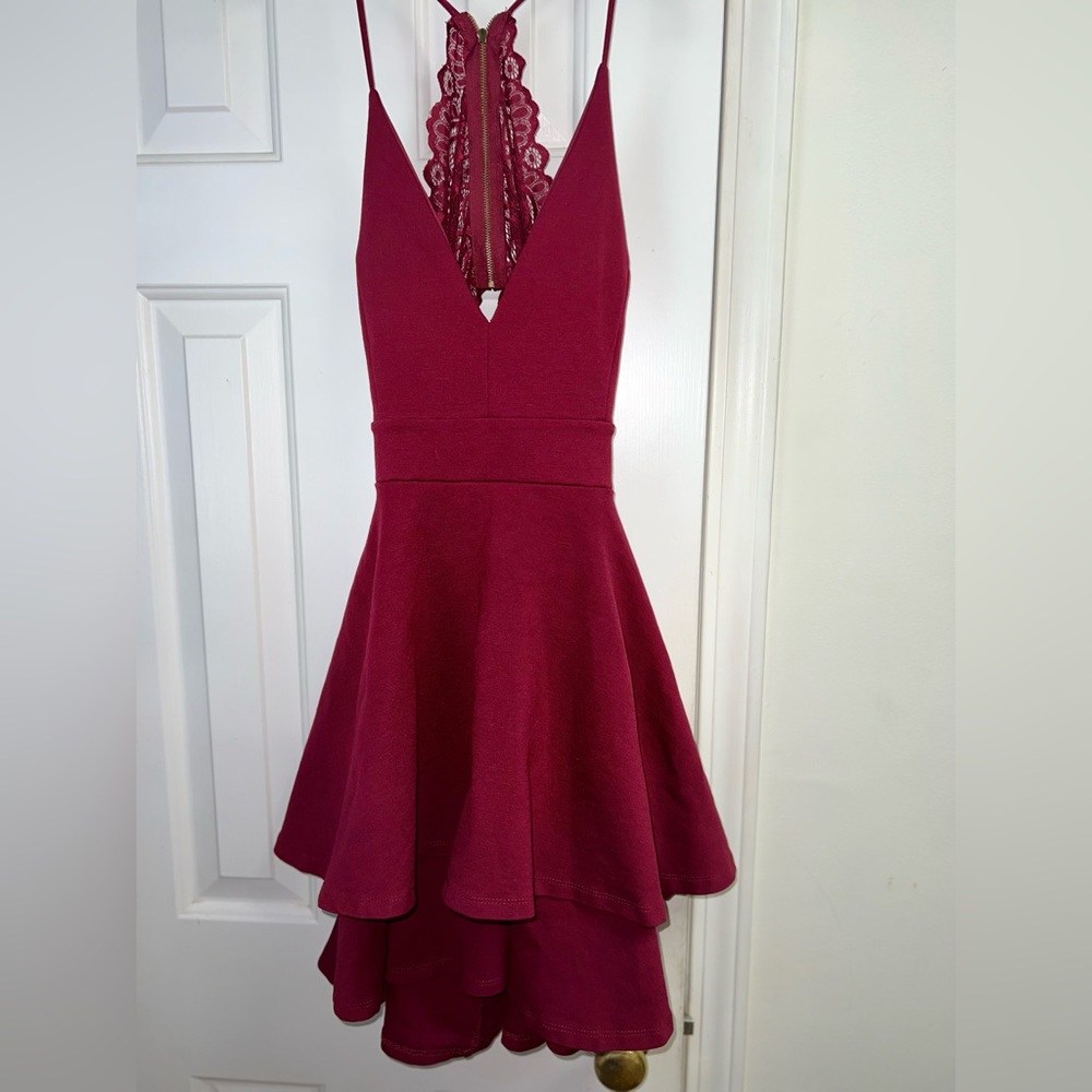 Open, lace back, Windor dress. Burgundy, size medium.